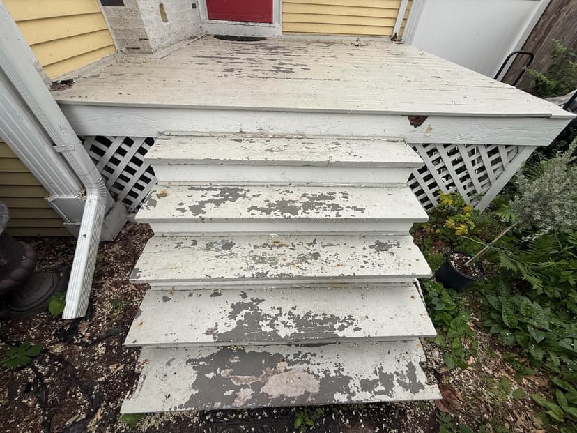replace front deck stairs, rim joists, and joists with proper foundations