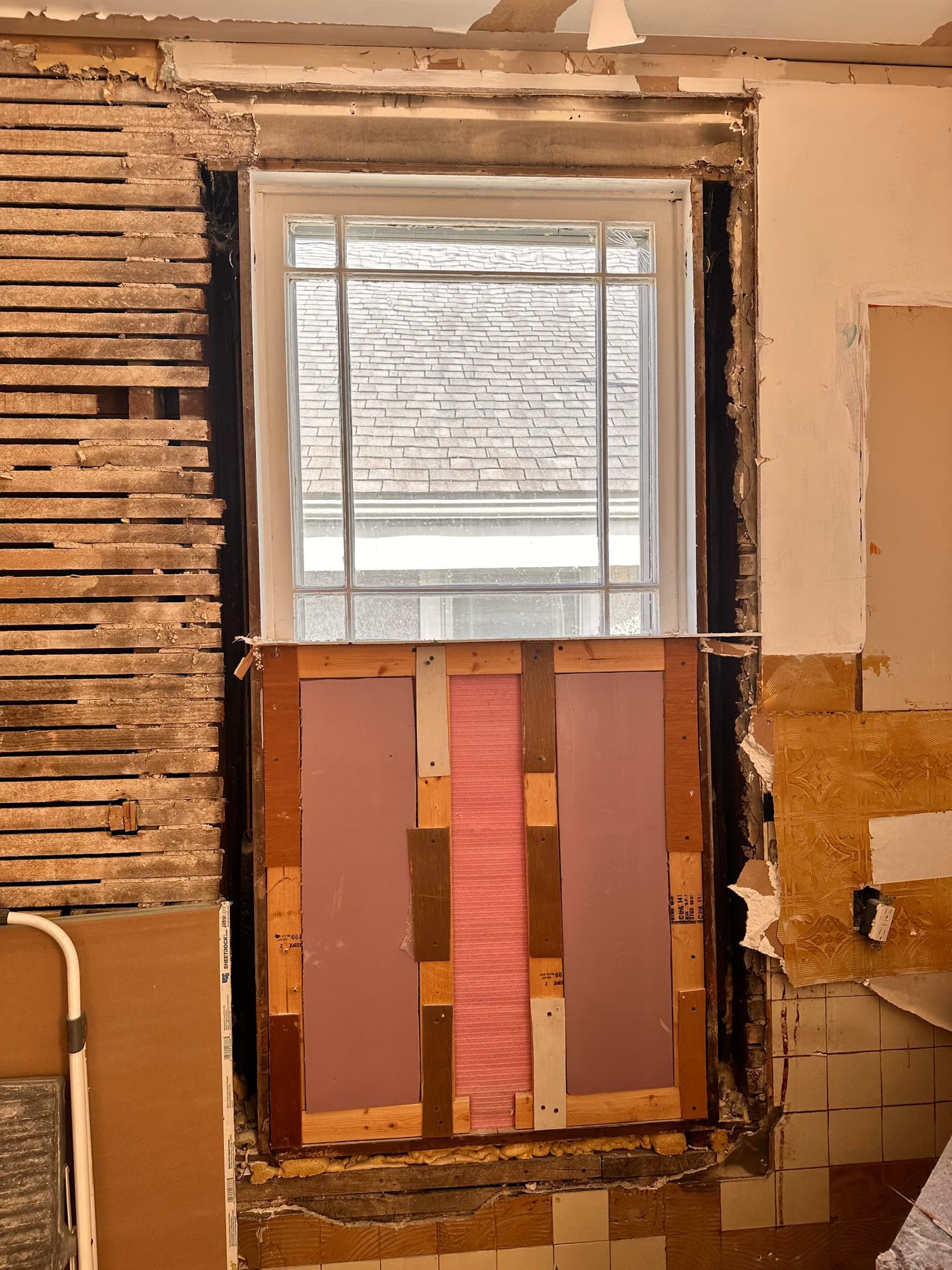 remove current window, replace with double hung half window, and finish exterior stucco
