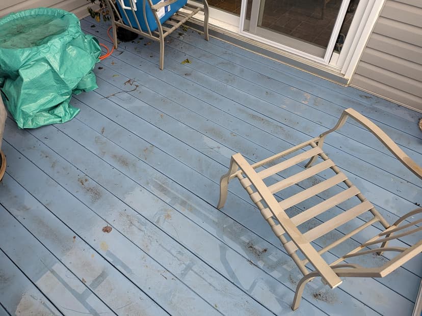 re-sand deck, replace railing tops, and powerwash (low estimate)