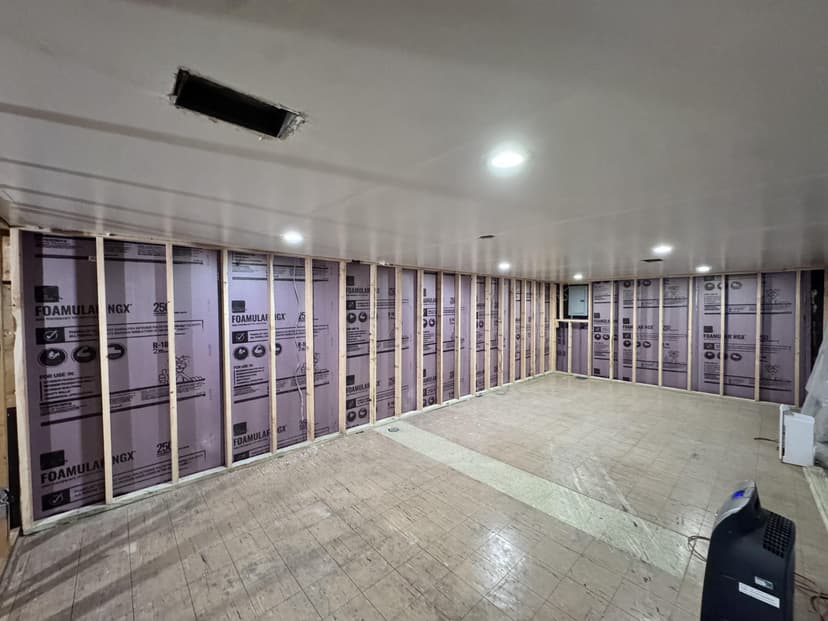 add R13 fiberglass batts to basement walls