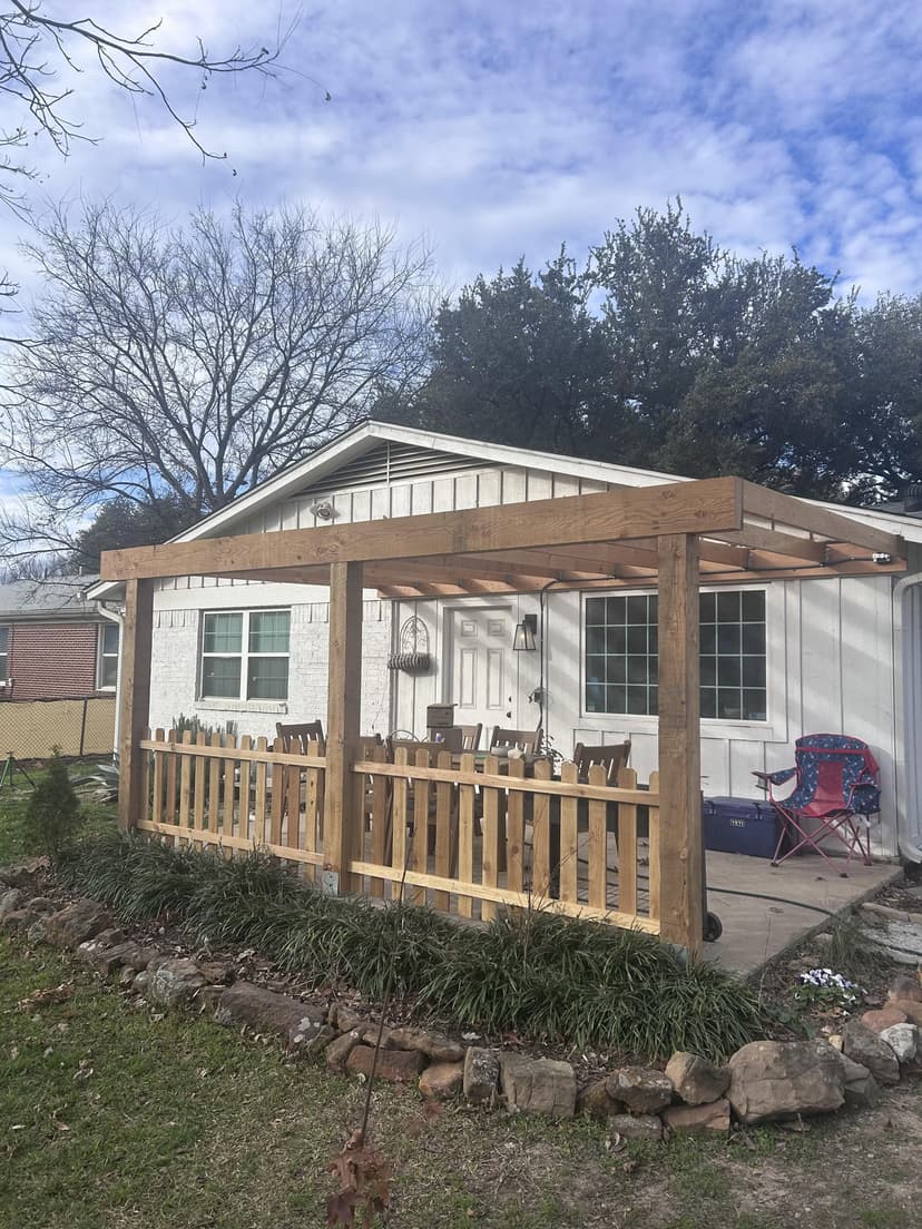 tear down and replace a back porch Douglas fir pergola with lighting, fans, and a shade layer