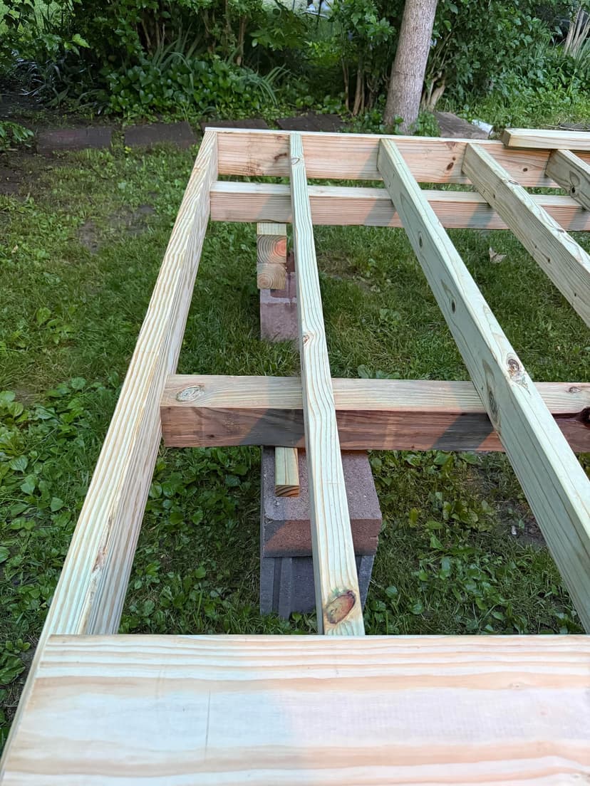 build a 12x16 deck with stairs and a matching gable roof