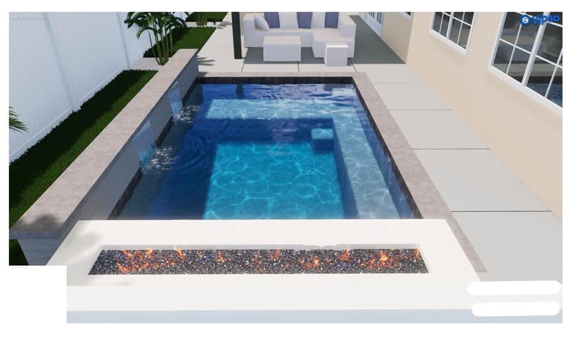 build a 10x20 spool with a retaining wall, waterfall, and fire pit